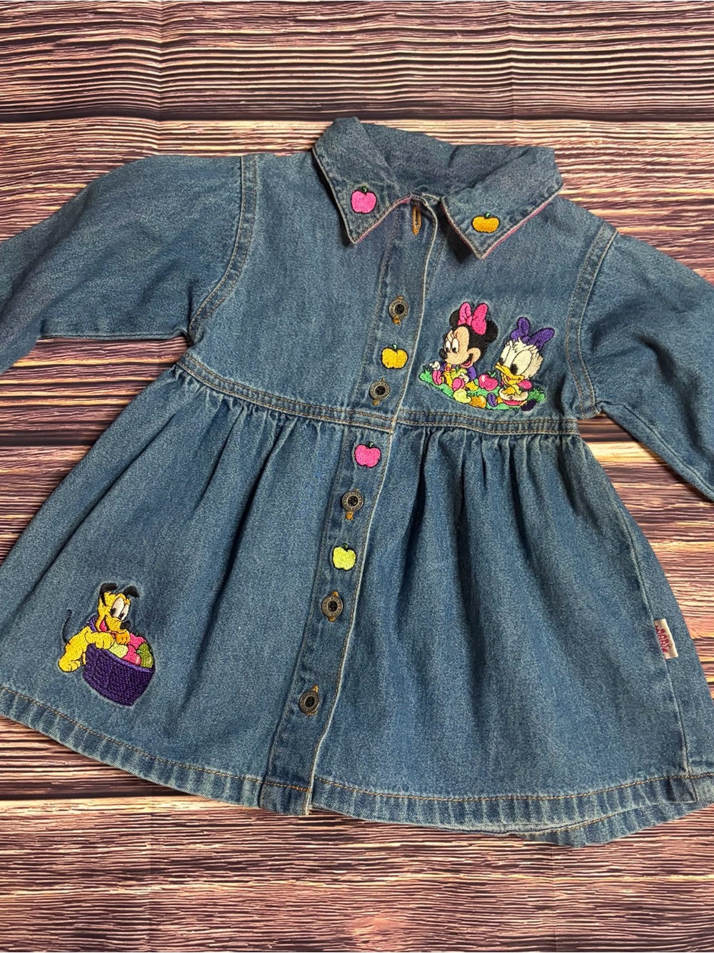 Vintage Disney Blue Denim Dress with Minnie, Daisy & Pluto Embroidery